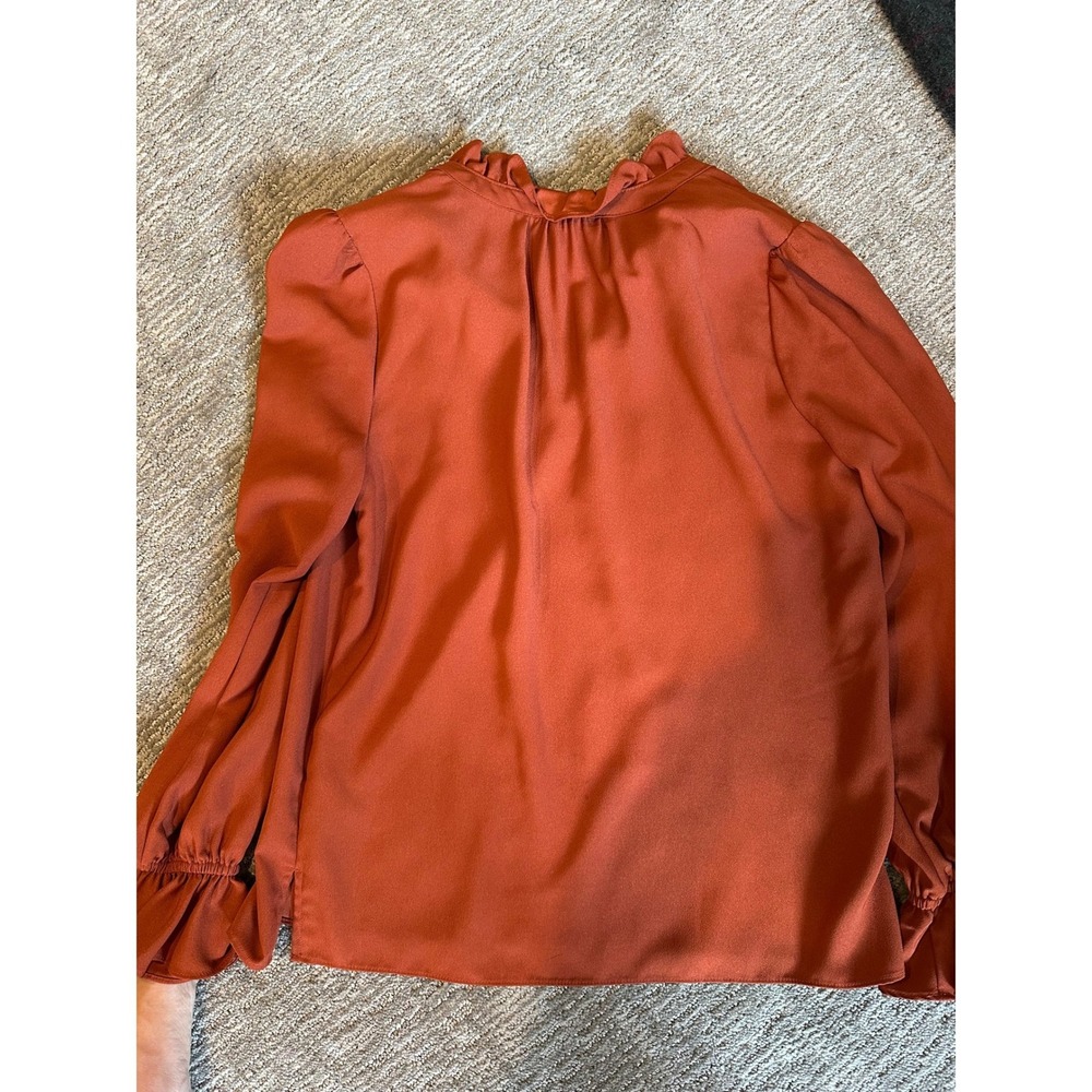 J.Crew Womens XS Rust Orange Ruffle Neck Tie Satin Blouse Smocked Cuff Top - Picture 3 of 3